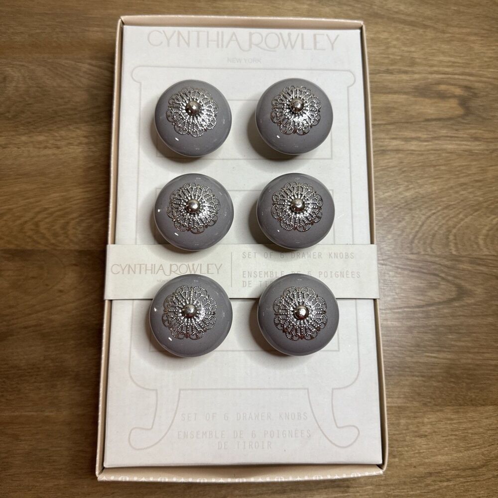 Cynthia Rowley New York Set Of 6 Drawer Cabinet Knobs Pull Gray Silver Ceramic